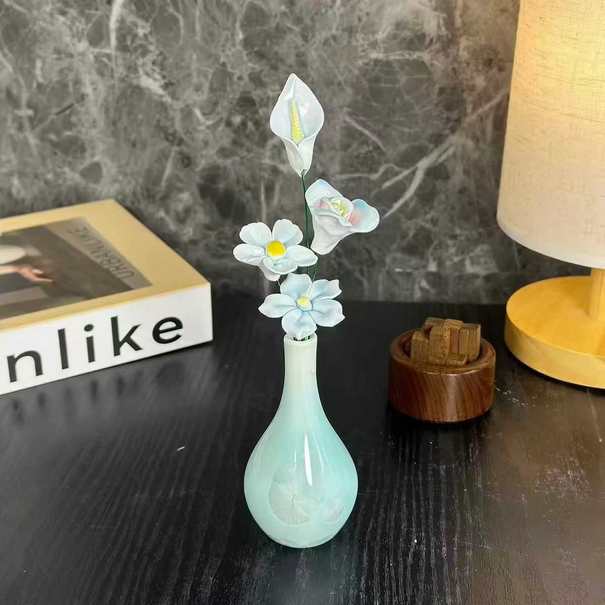 Jingdezhen Ceramic Mixed Flower Bouquet — Crackle Glaze Gourd Bud Vase Decor