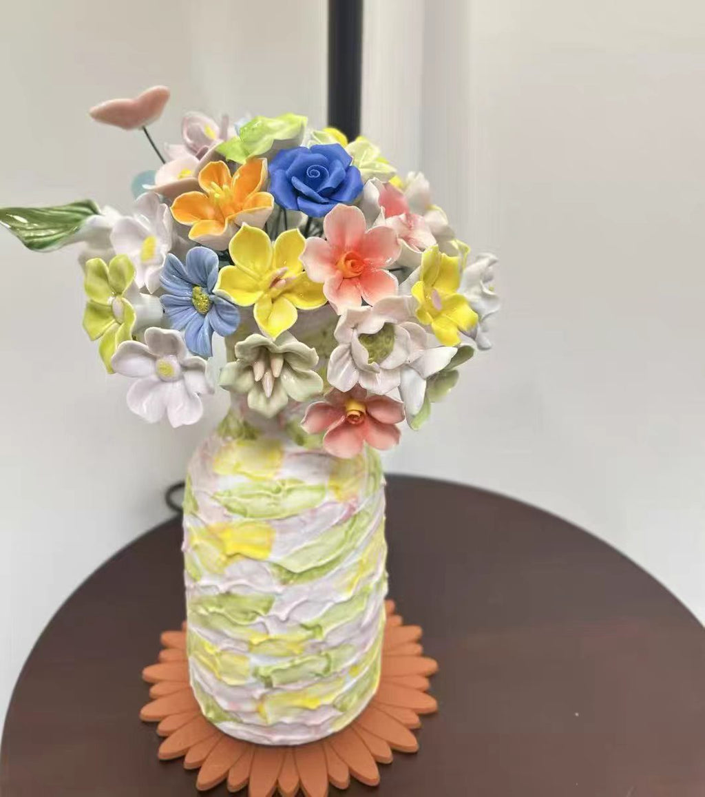 Jingdezhen Ceramic Grand Bouquet — Spring Green Petal-Relief Cylinder Vase with Blue Rose Centrepiece