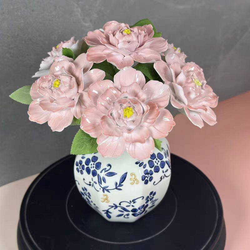 Jingdezhen Ceramic Pearl-Glaze Peony Bouquet — Blue & White Hexagon & Ribbed Vase Collection