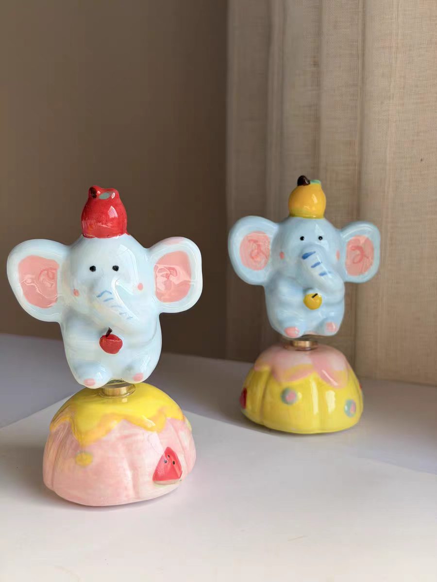 Kawaii Ceramic Circus Elephant Figurine on Rotating Pumpkin Base — 2 Styles, Hand-Painted
