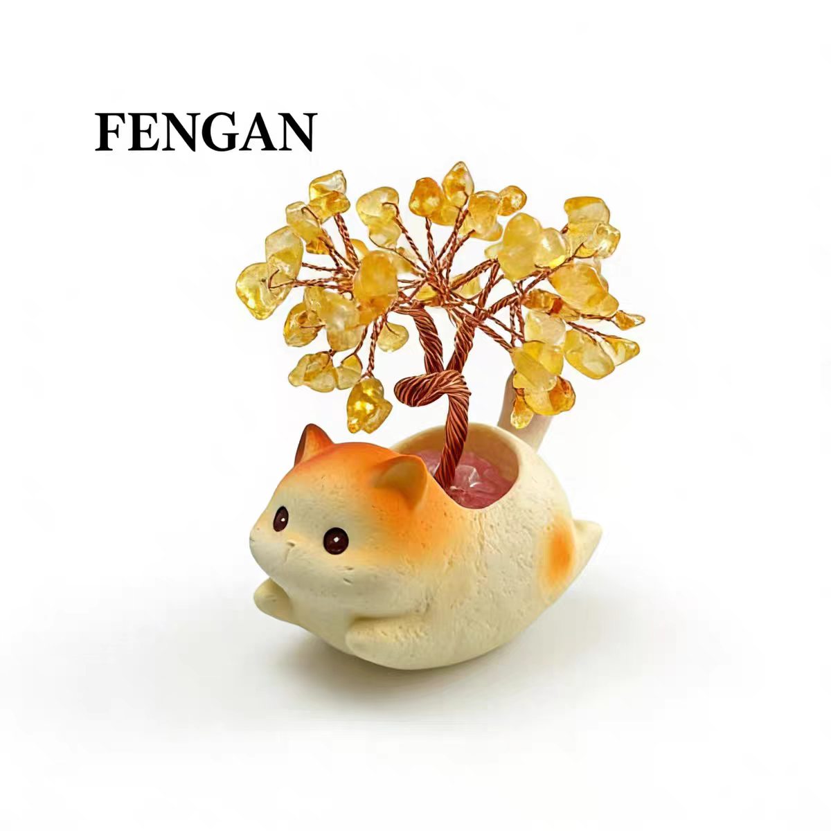 Cute Cat Crystal Money Tree Figurine on Rotating Donut Base — Rose Quartz & Citrine, 2 Styles