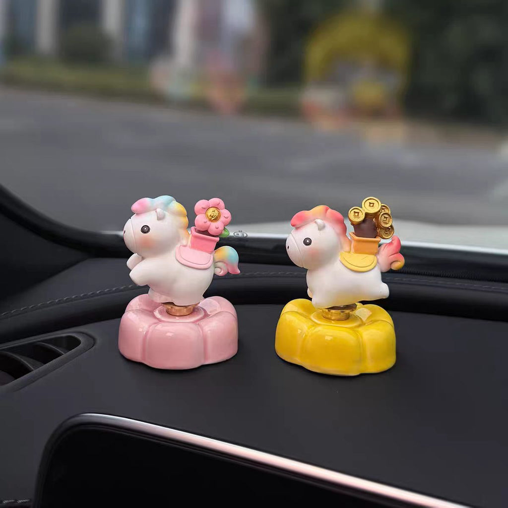 Cute Unicorn Car Dashboard Figurine on Rotating Flower Base — Rainbow & Fortune Styles, 4 Styles