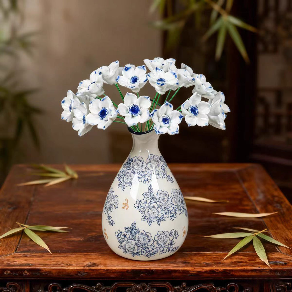 Jingdezhen Blue & White Hand-Painted Vase with Blue-Heart Porcelain Flower Arrangement — 4 Styles