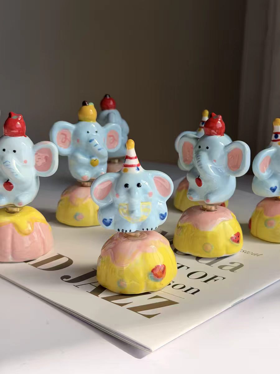 Kawaii Ceramic Circus Elephant Figurine on Rotating Pumpkin Base — 2 Styles, Hand-Painted