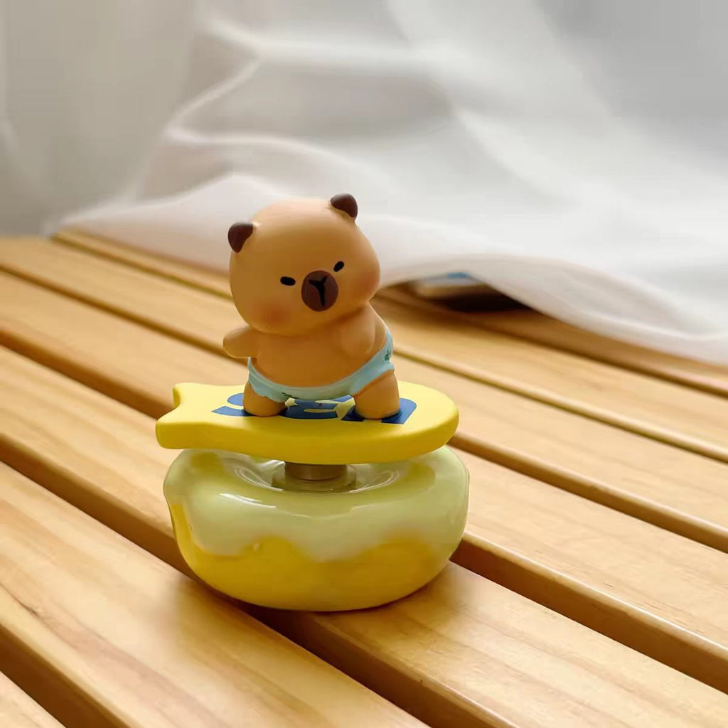 Kawaii Surfing Bear Figurine on Rotating Donut Base — Yellow Star Surfboard & Cream Donut Base