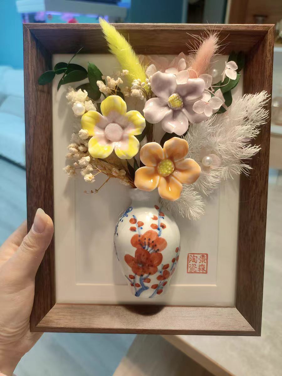 Jingdezhen 3D Ceramic Flower Shadow Box — Porcelain Vase & Mixed Floral Wall Art, 3 Styles
