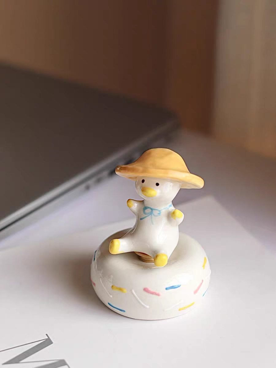 Kawaii Chubby Duck Figurine on Rotating Sprinkle Donut Base — Straw Hat & Classic Duck, 2 Styles
