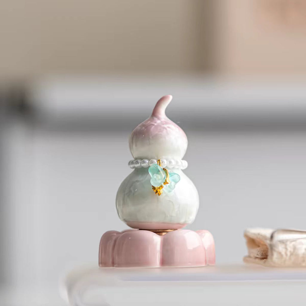 Jingdezhen Lucky Gourd Spinning Figurine — Pearl Necklace Jade Butterfly Lotus Base Desk Decor