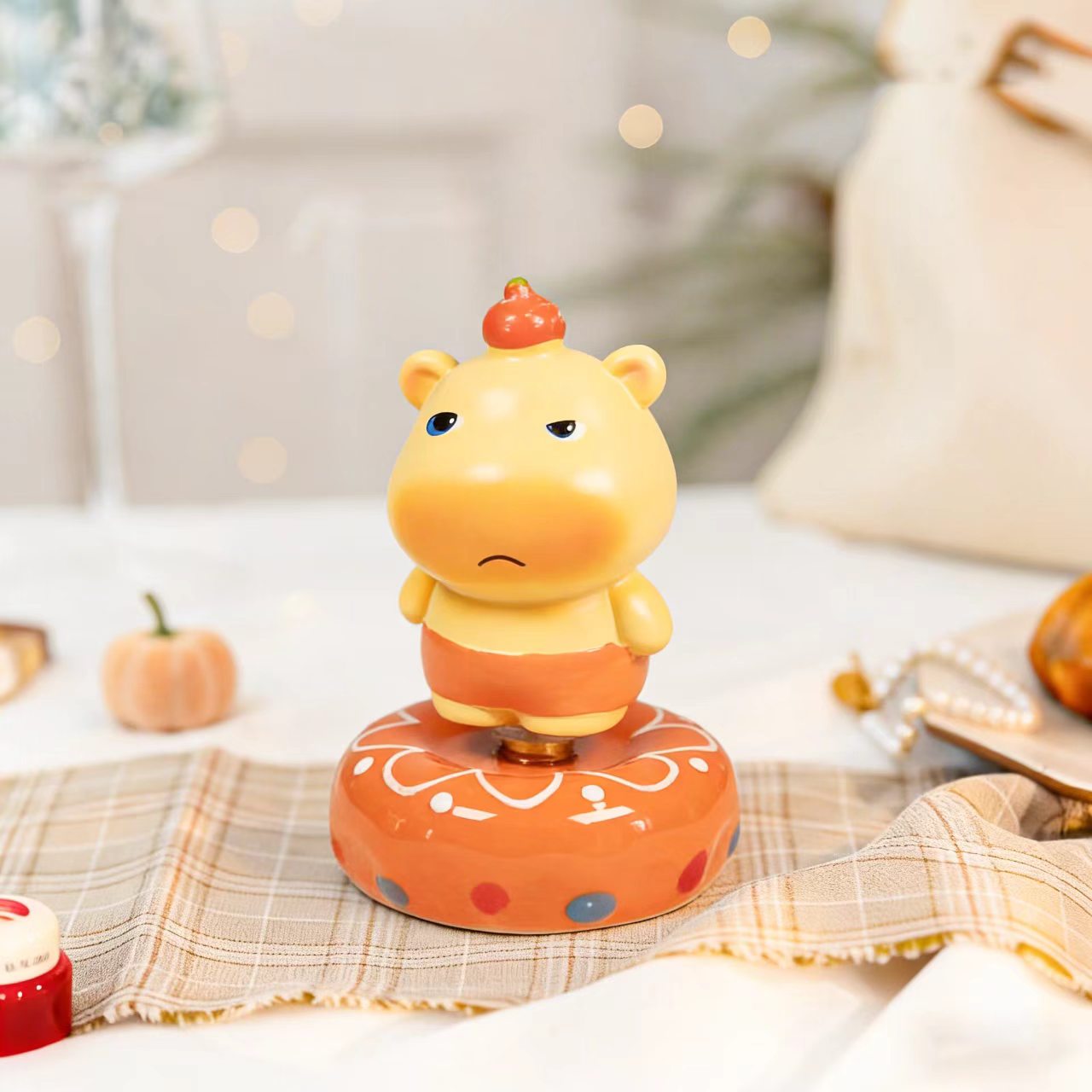 Kawaii Chubby Hippo Figurine on Rotating Donut Base — Angry, Crying, Swimming & Scooter, 4 Styles