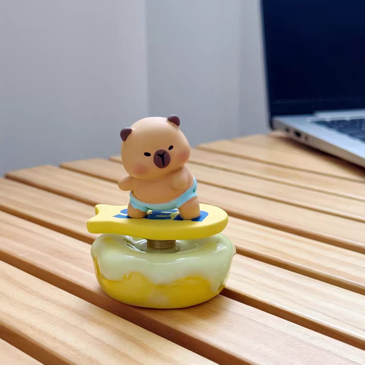 Kawaii Surfing Bear Figurine on Rotating Donut Base — Yellow Star Surfboard & Cream Donut Base