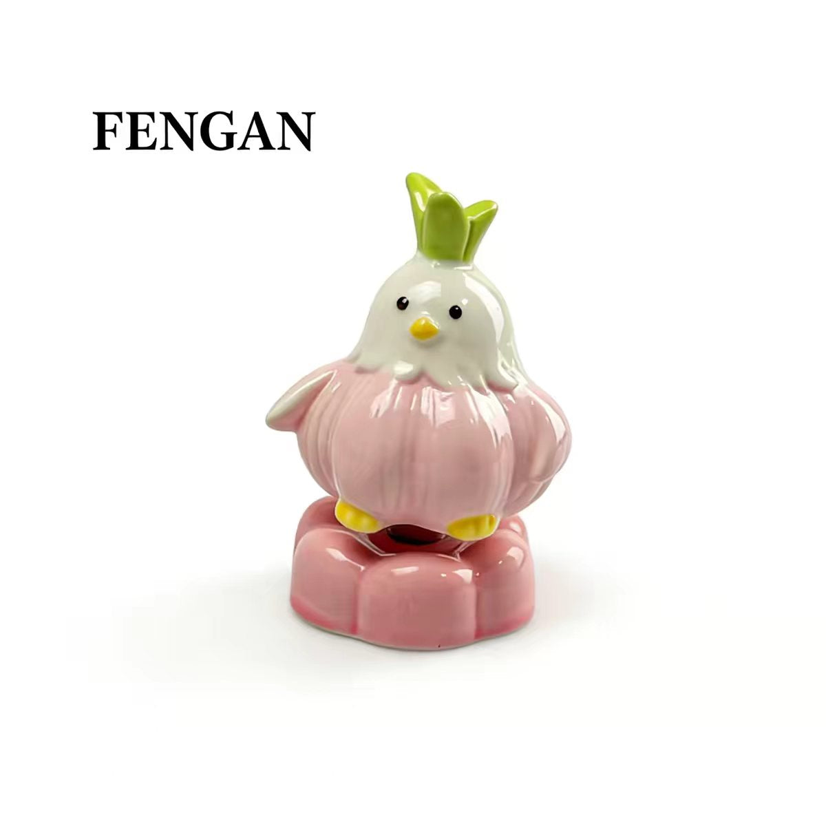 Ceramic Garlic Chick Spinning Bobblehead — Green Crown Pastel Pumpkin Base Desk Decor Collection