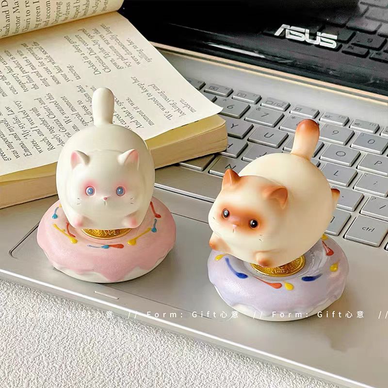 Kawaii Chubby Cat Wobble Figurine on Rotating Sprinkle Donut Base — White Cat & Tabby Cat, 2 Styles
