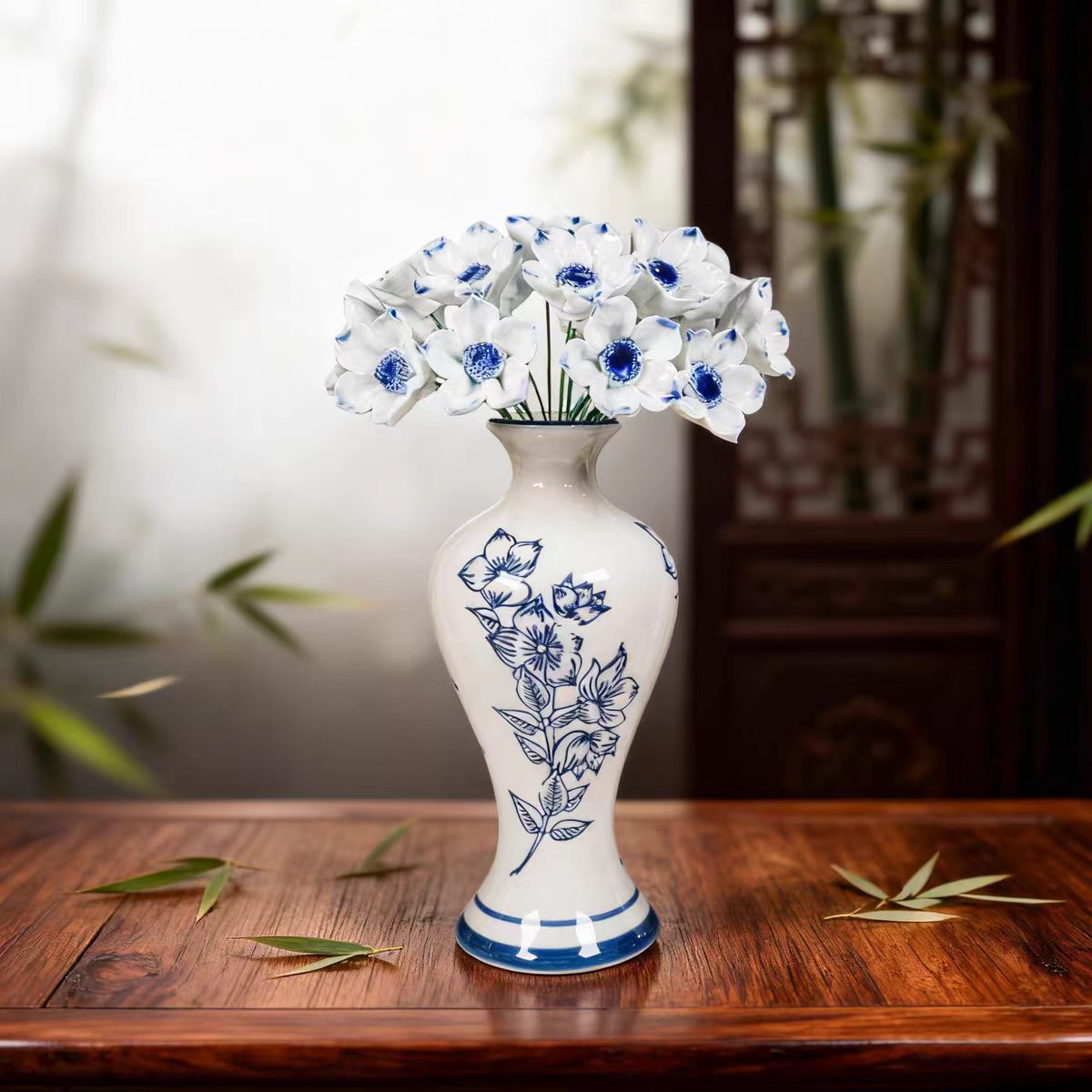 Jingdezhen Blue & White Hand-Painted Vase with Blue-Heart Porcelain Flower Arrangement — 4 Styles