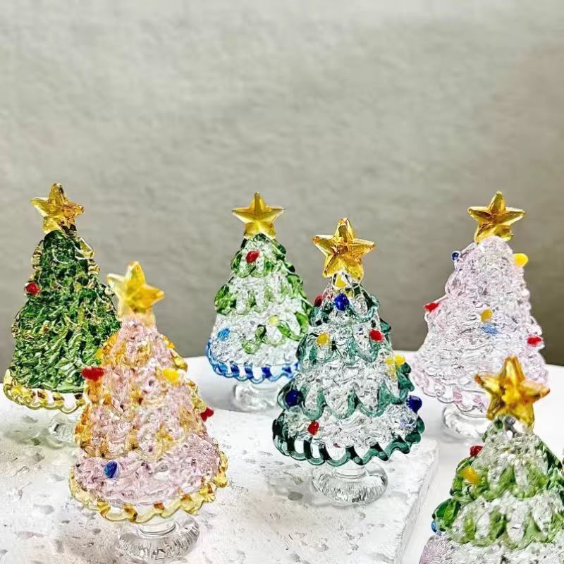 Crystal Glass Christmas Tree Figurine — Solid Cast, 6 Colours, Gold Star Topper, Desk & Shelf Decor