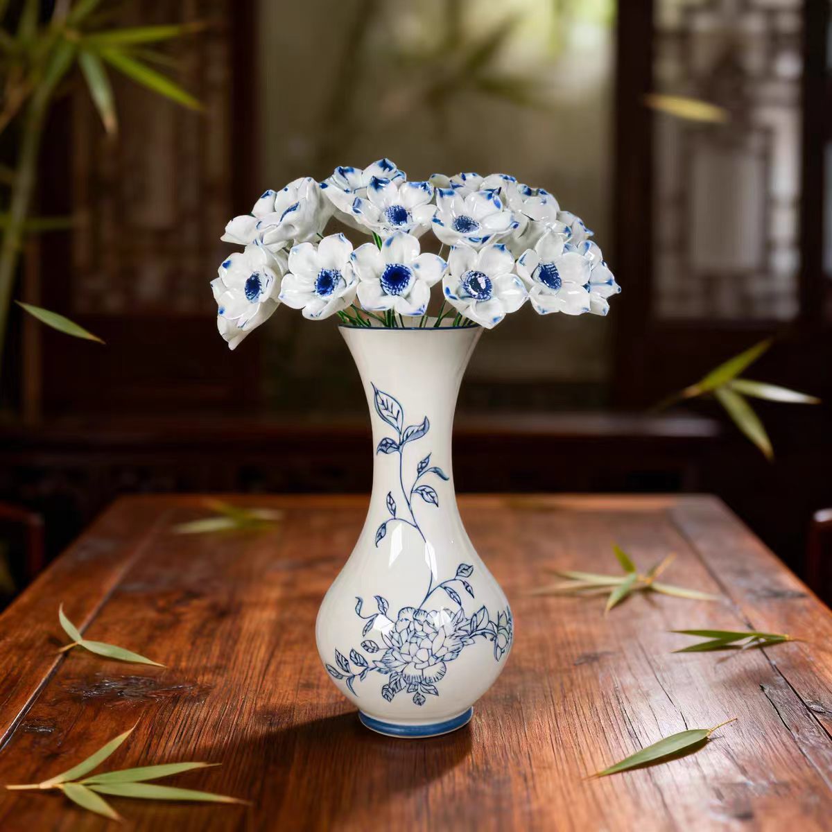Jingdezhen Blue & White Hand-Painted Vase with White Anemone Arrangement — Bamboo Study Series, 5 Styles