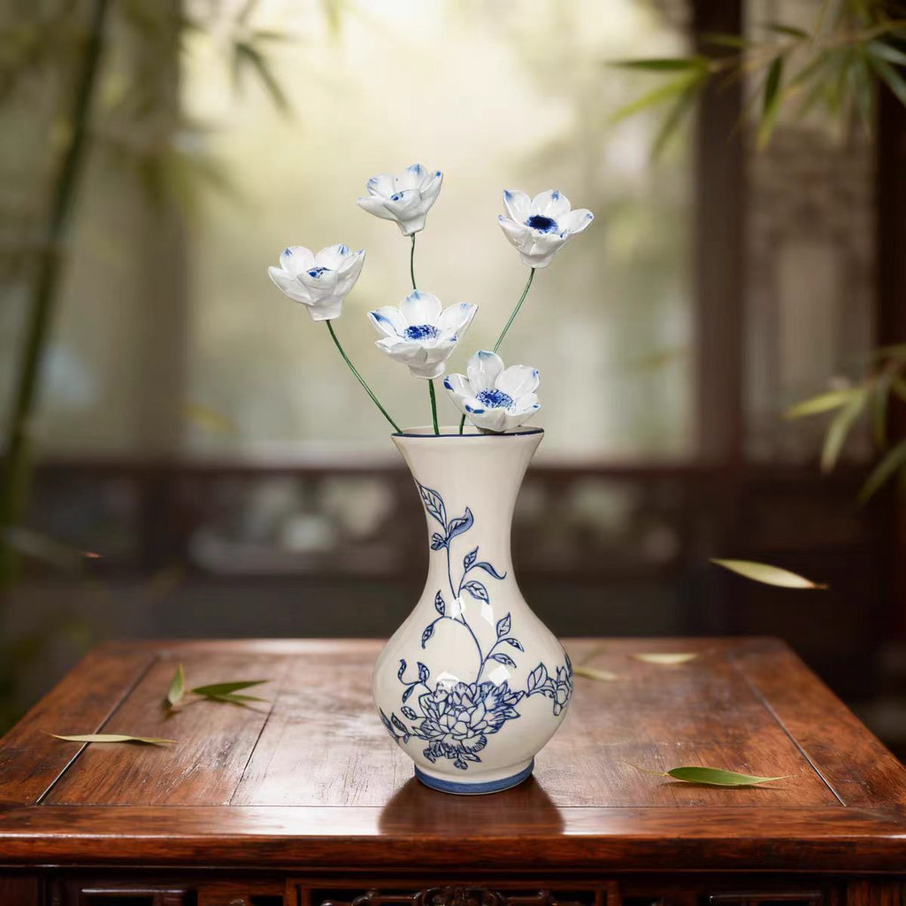 Jingdezhen Blue & White Hand-Painted Vase with White Anemone Arrangement — Bamboo Study Series, 5 Styles