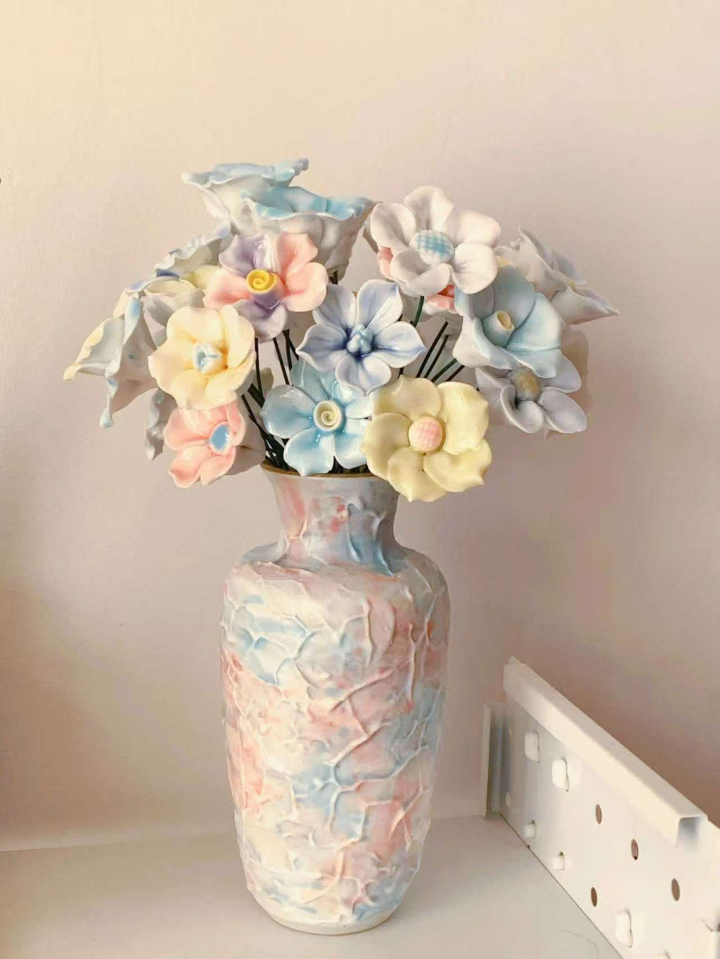 Jingdezhen Large Handcrafted Ceramic Vase with Full Pastel Porcelain Flower Bouquet