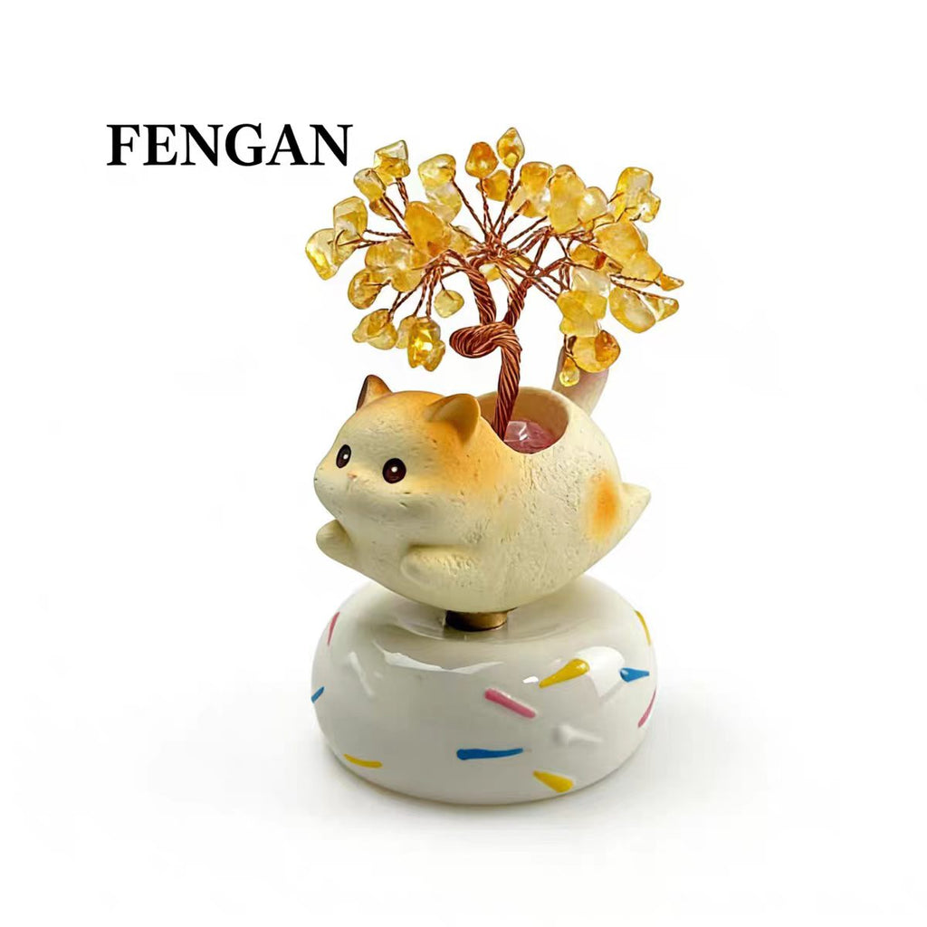 Cute Cat Crystal Money Tree Figurine on Rotating Donut Base — Rose Quartz & Citrine, 2 Styles