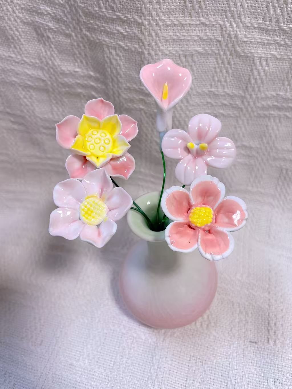 Jingdezhen Handcrafted Miniature Ceramic Vase with Pink & Blue Porcelain Flower Bouquet