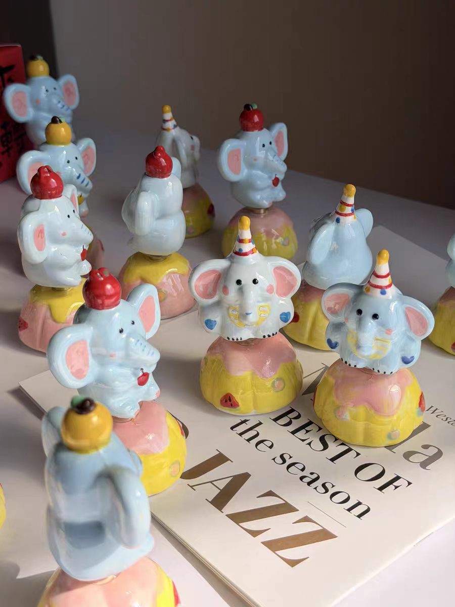 Kawaii Ceramic Circus Elephant Figurine on Rotating Pumpkin Base — 2 Styles, Hand-Painted