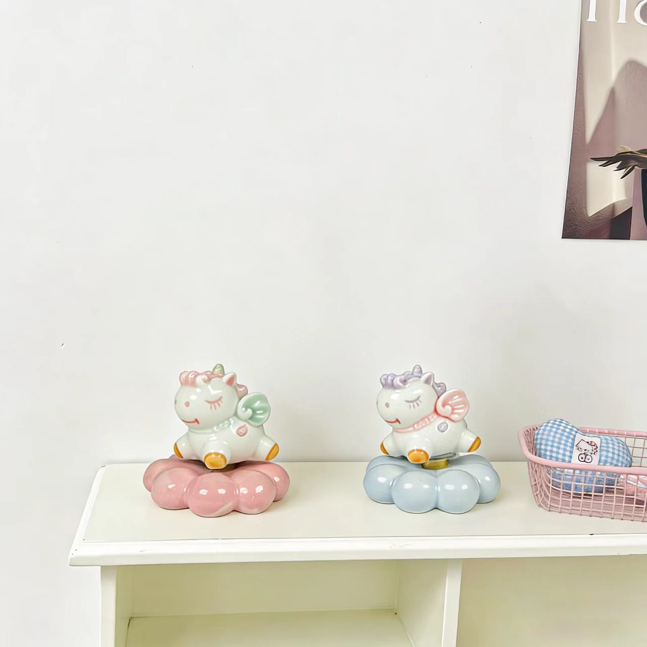 Kawaii Ceramic Unicorn Figurine on Rotating Cloud Base — Pearl Glaze, 3 Colour Options