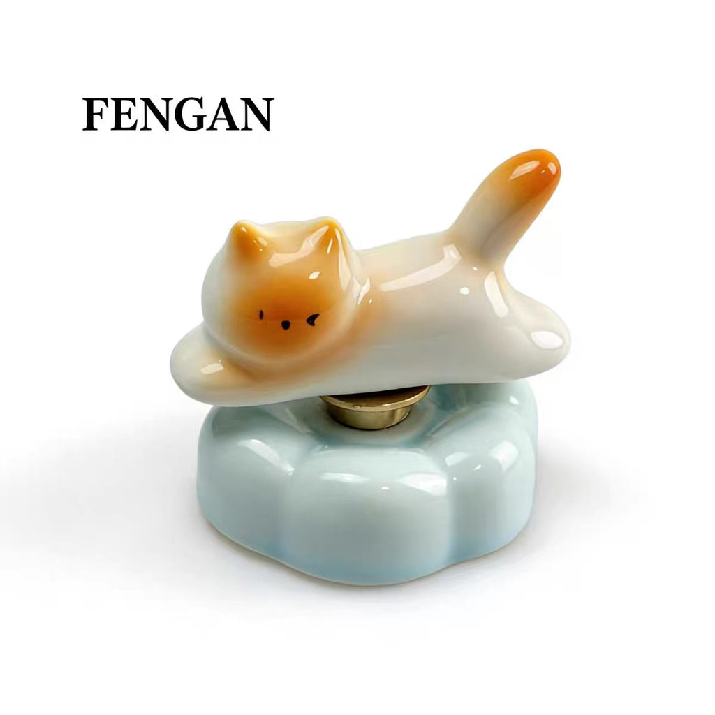 Jingdezhen Ceramic Lazy Cat Bobblehead Figurine — Cloud Base Car Dashboard & Desk Decor