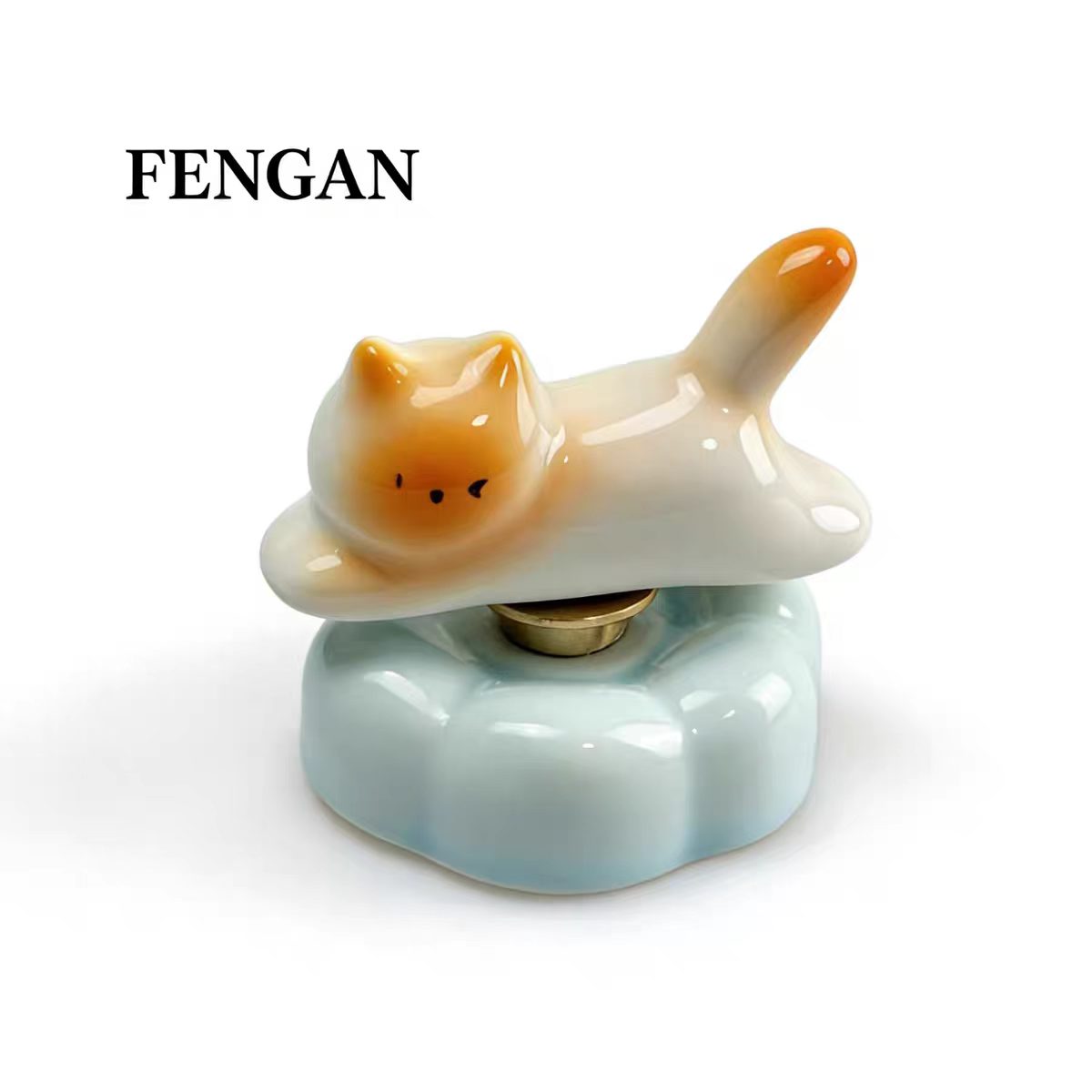 Jingdezhen Ceramic Lazy Cat Bobblehead Figurine — Cloud Base Car Dashboard & Desk Decor