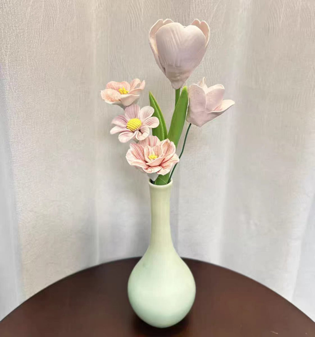 Jingdezhen Ceramic Cosmos & Rose Bouquet — Gradient Matte Cone & Round Belly Vase Collection