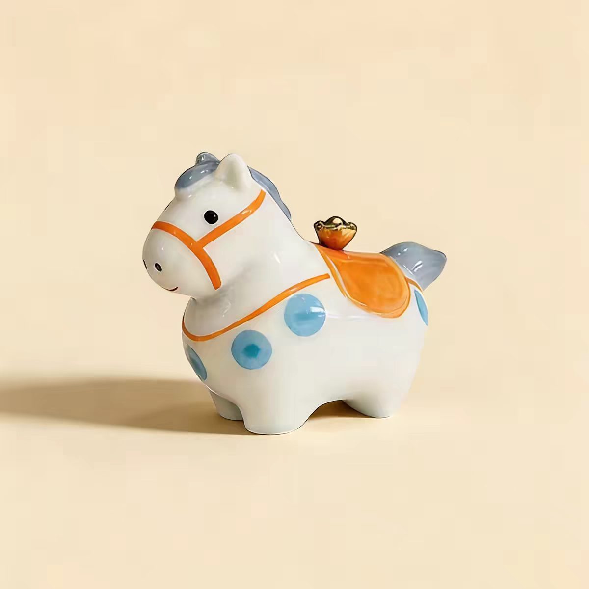 Jingdezhen Chubby Lucky Horse Spinning Figurine — Gold Ingot Saddle & Pearl Necklace Cloud Base Collection