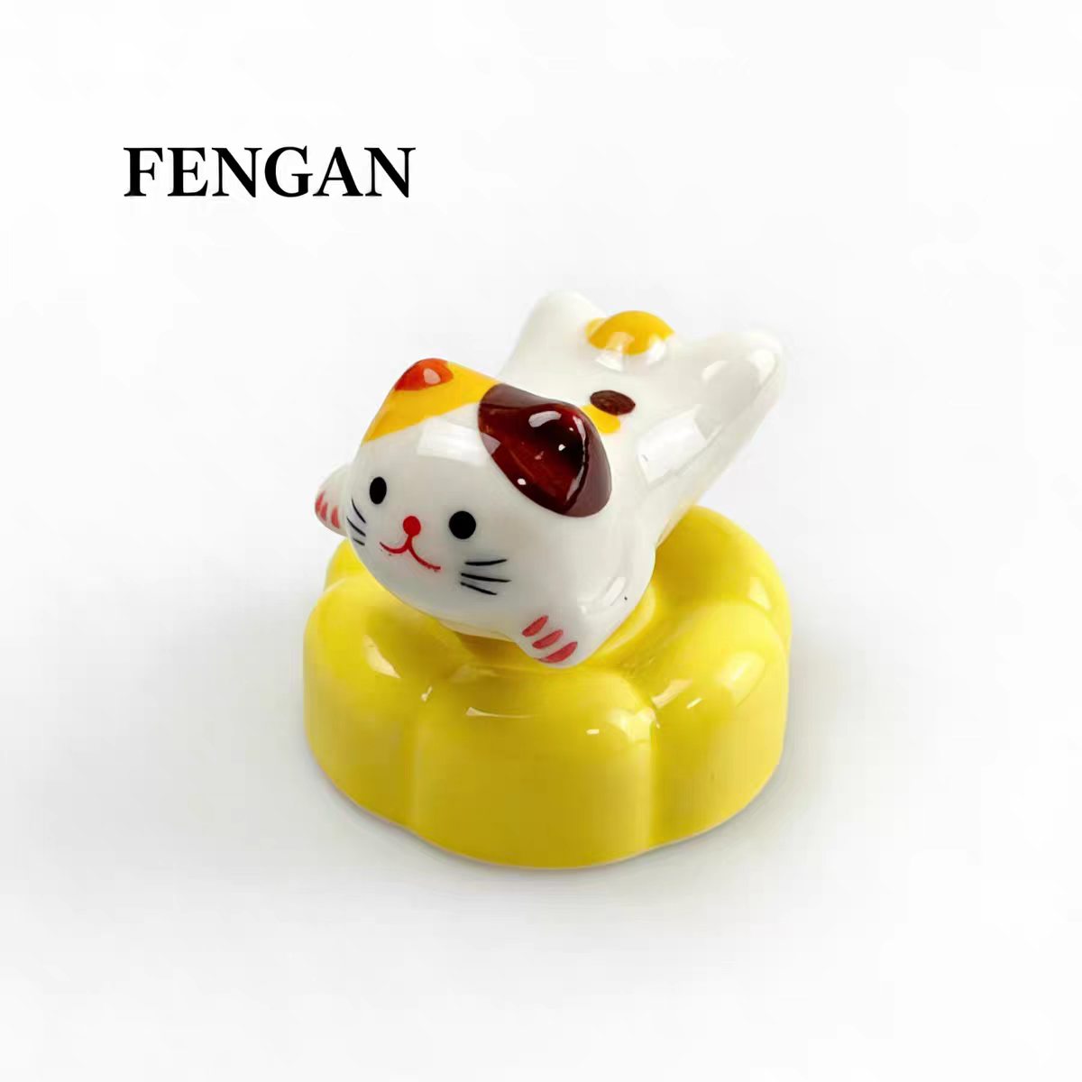 Jingdezhen Hand-Painted Ceramic Cat Figurine on Rotating Flower Base — Calico & Blue Tabby, 2 Styles