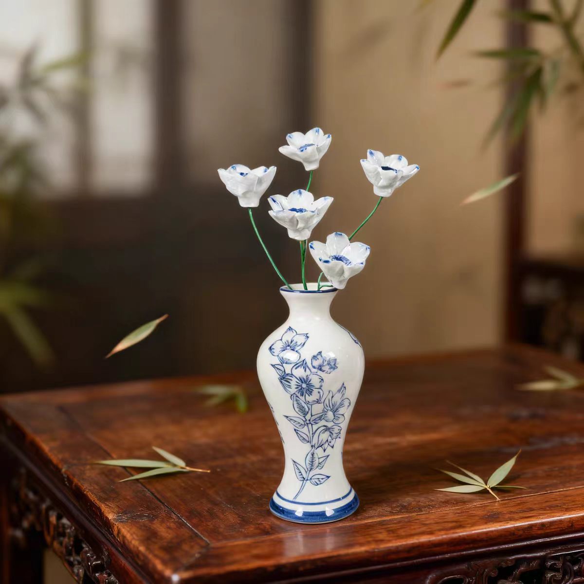 Jingdezhen Blue & White Hand-Painted Vase with Blue-Heart Porcelain Flower Arrangement — 4 Styles