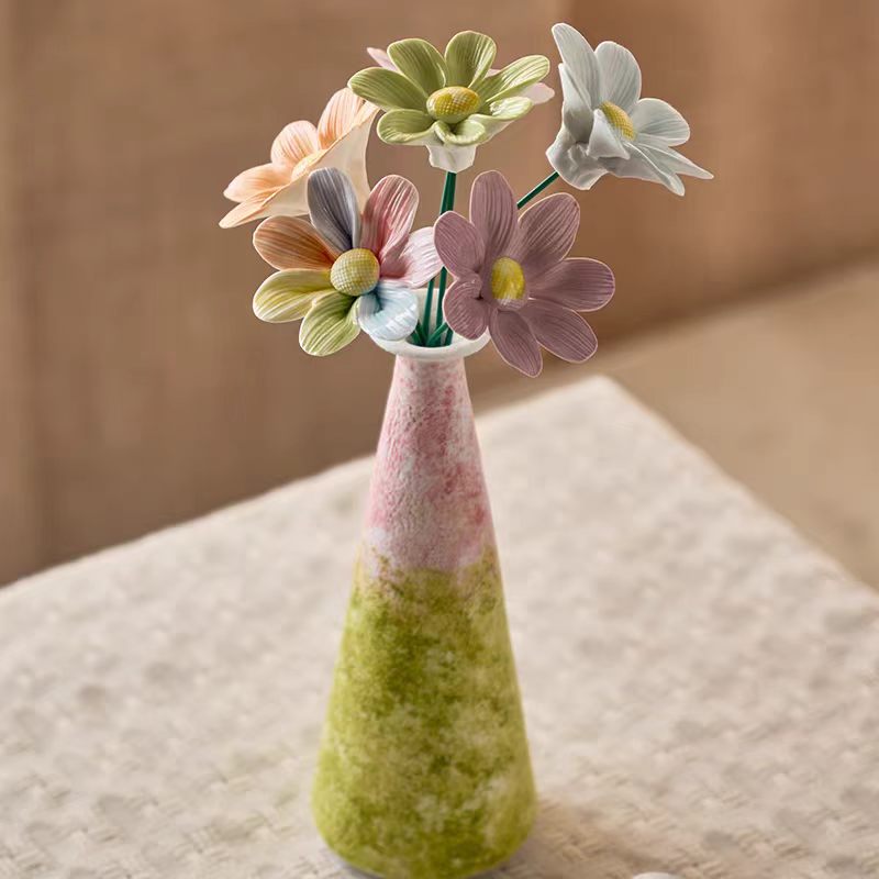 Jingdezhen Ceramic Pastel Cosmos Bouquet — Moss Green Gradient Textured Cone Vase