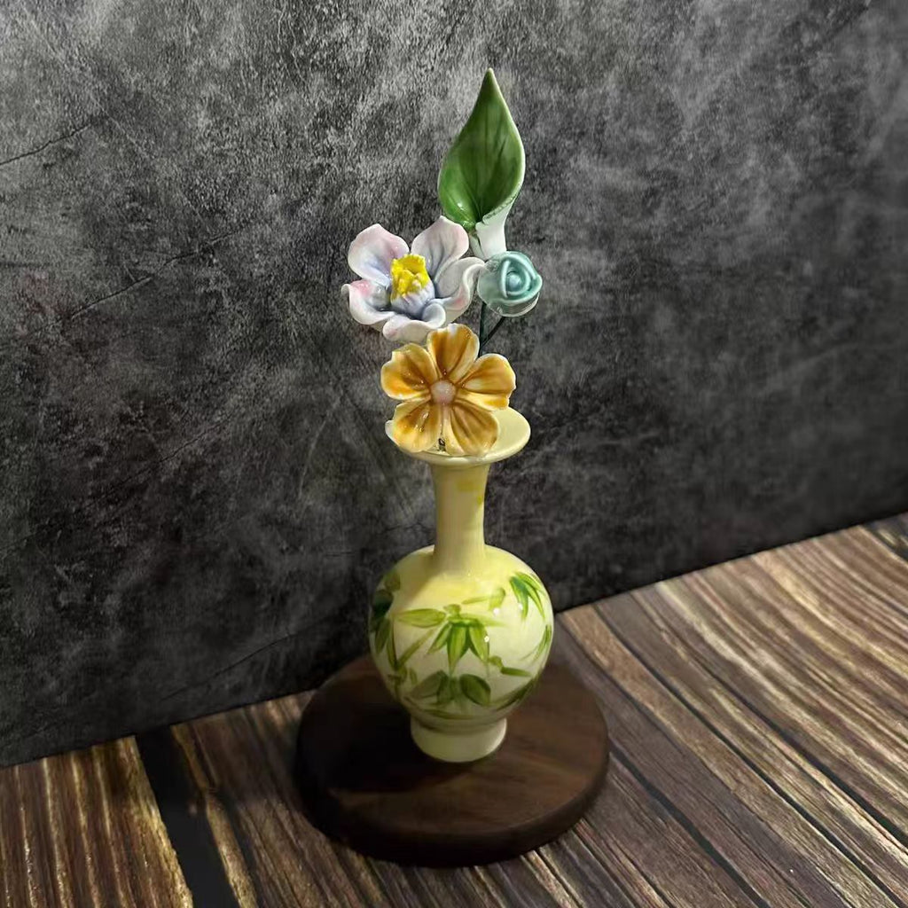 Jingdezhen Miniature Hand-Painted Vase with Ceramic Flower Arrangement — Wooden Base, 7 Styles