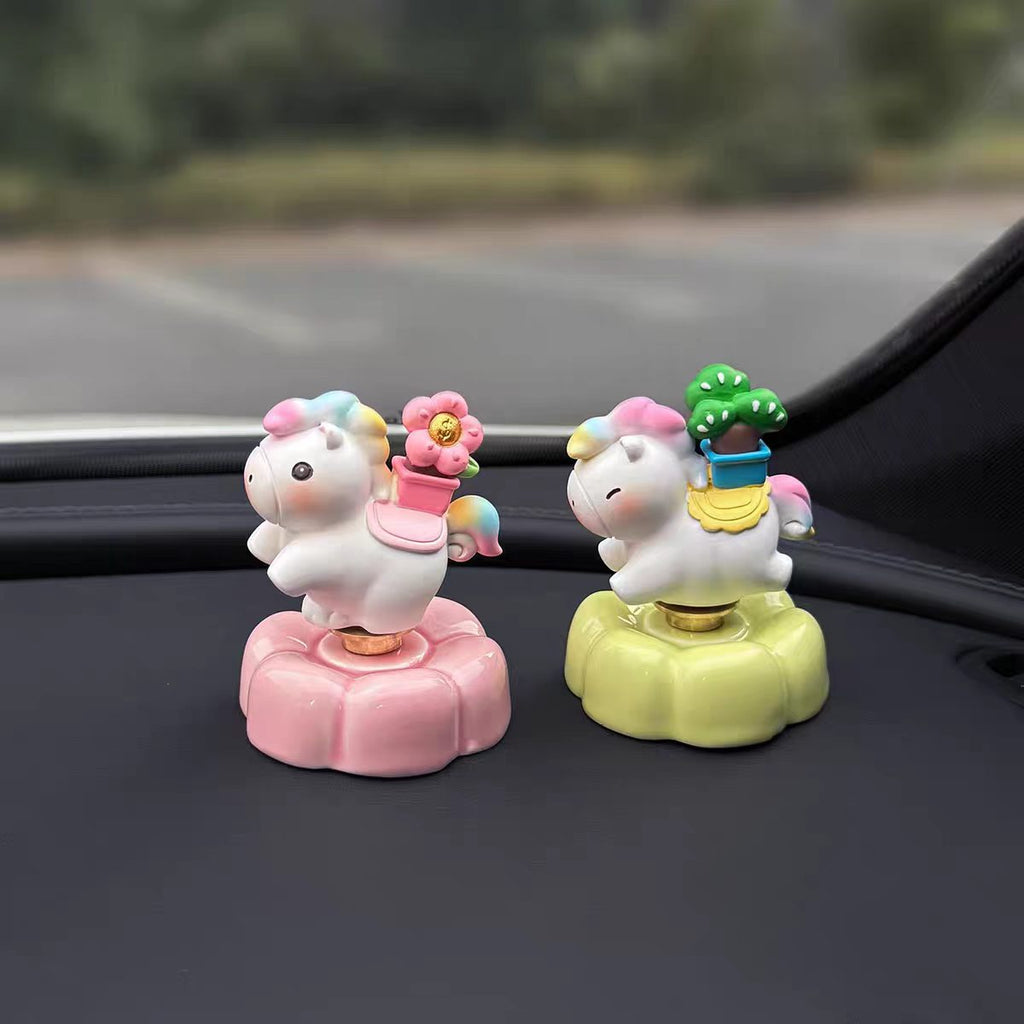 Cute Unicorn Car Dashboard Figurine on Rotating Flower Base — Rainbow & Fortune Styles, 4 Styles