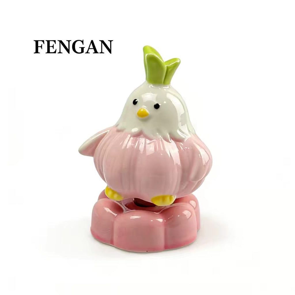 Ceramic Garlic Chick Spinning Bobblehead — Green Crown Pastel Pumpkin Base Desk Decor Collection