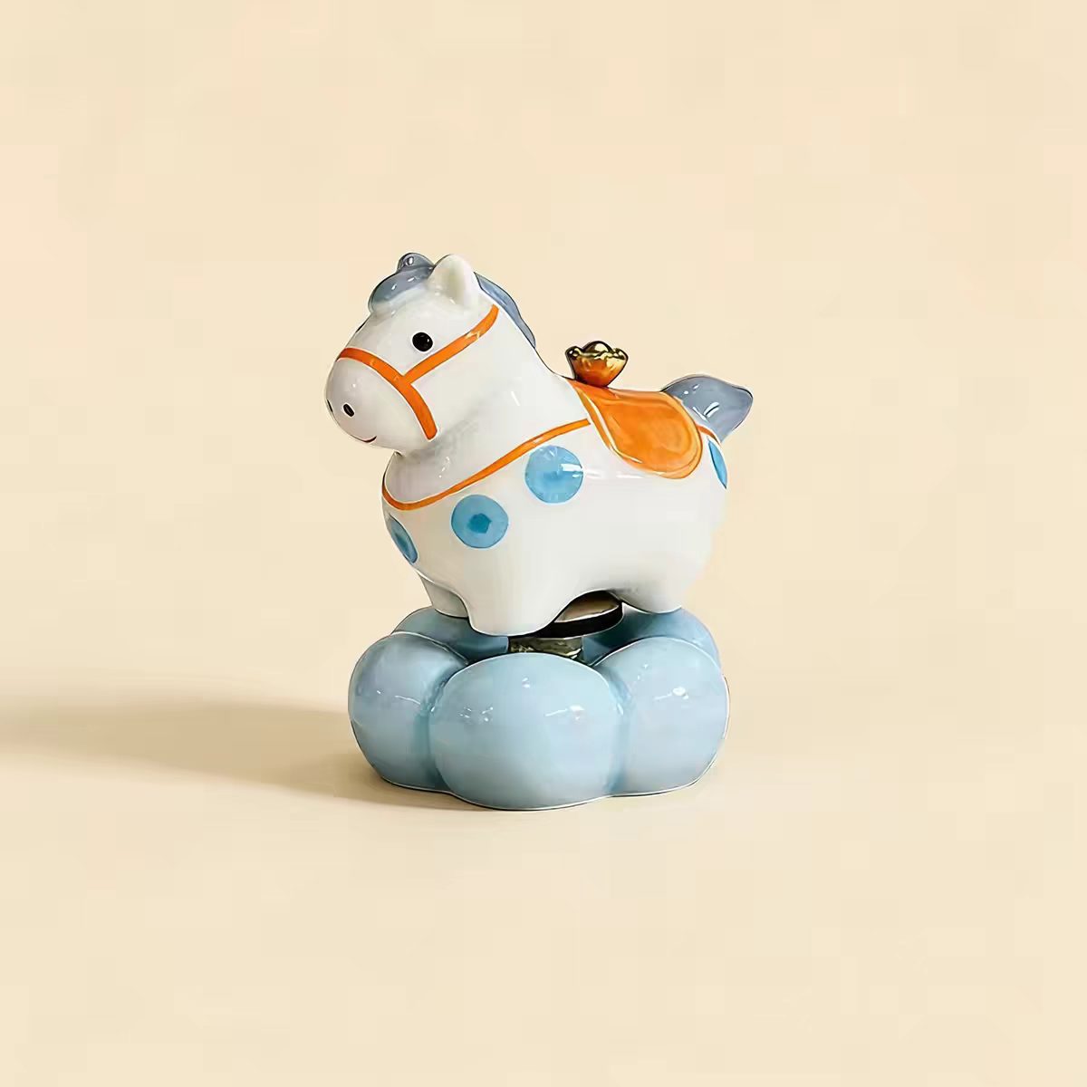 Jingdezhen Chubby Lucky Horse Spinning Figurine — Gold Ingot Saddle & Pearl Necklace Cloud Base Collection