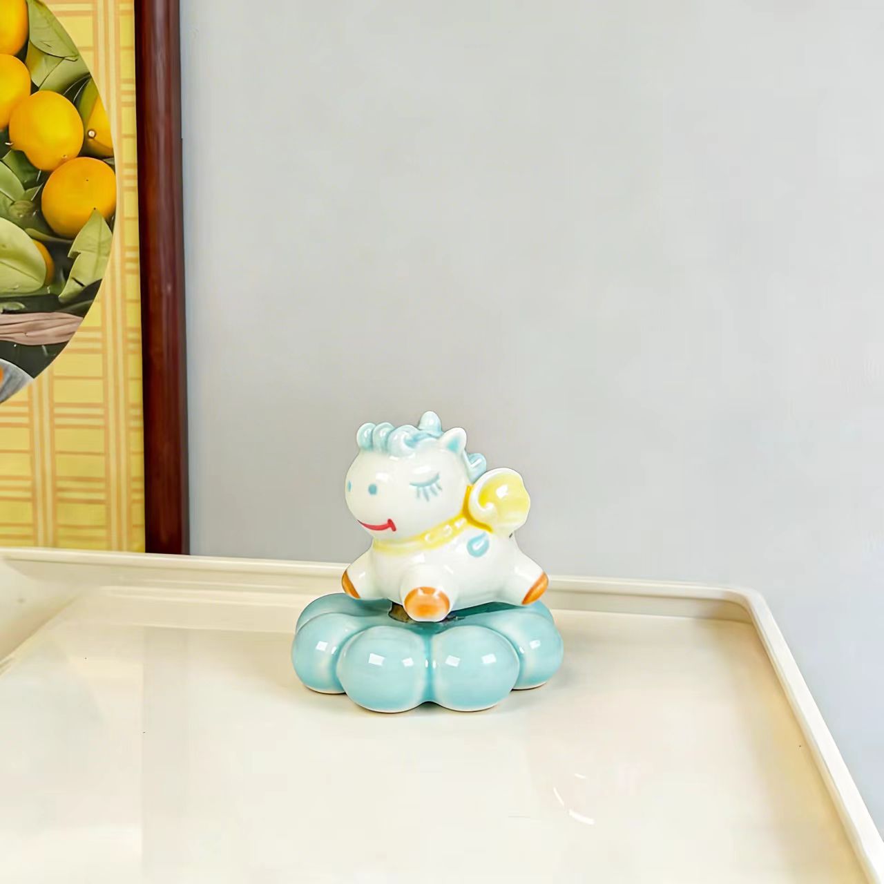 Kawaii Ceramic Unicorn Figurine on Rotating Bubble Cloud Base — Yellow, Pink & Blue, 3 Colours