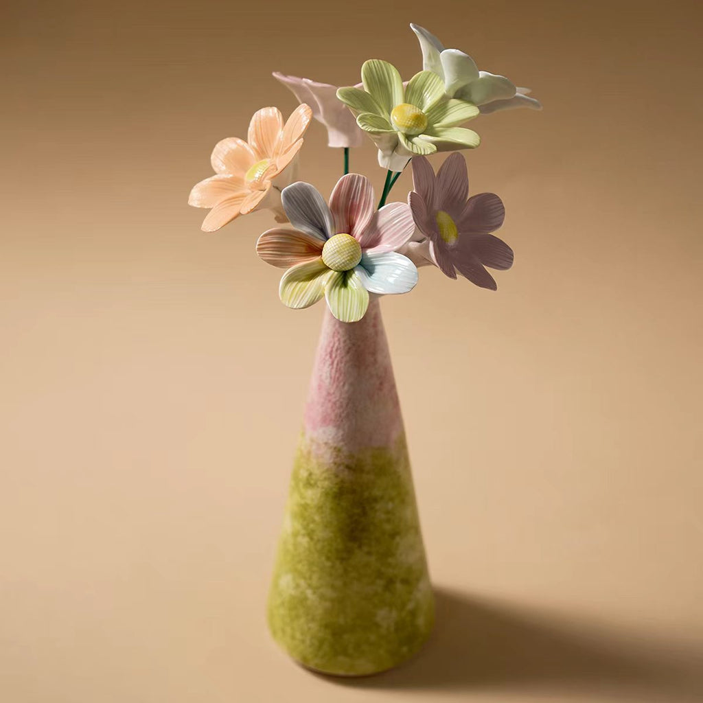 Jingdezhen Ceramic Pastel Cosmos Bouquet — Moss Green Gradient Textured Cone Vase