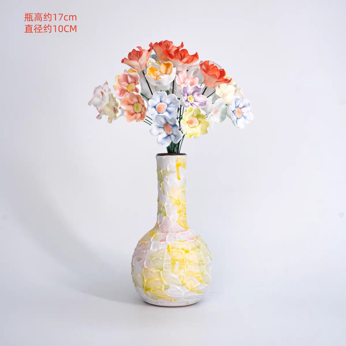 Jingdezhen Ceramic Petal-Relief Watercolour Vase with Mixed Flower Bouquet — 3 Sizes