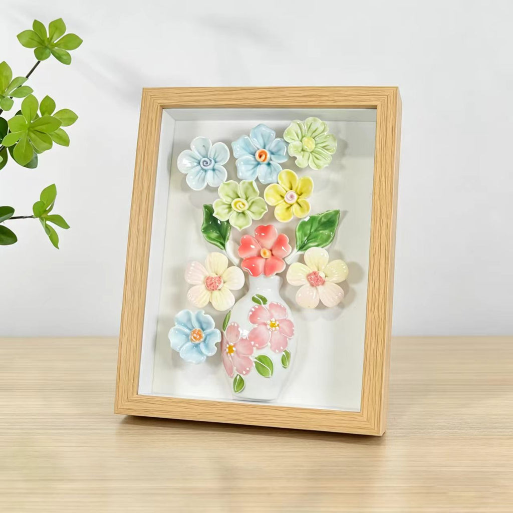 Jingdezhen 3D Ceramic Flower Shadow Box — Scattered Blooms Wall Art, Natural Oak Frame, 4 Colorways