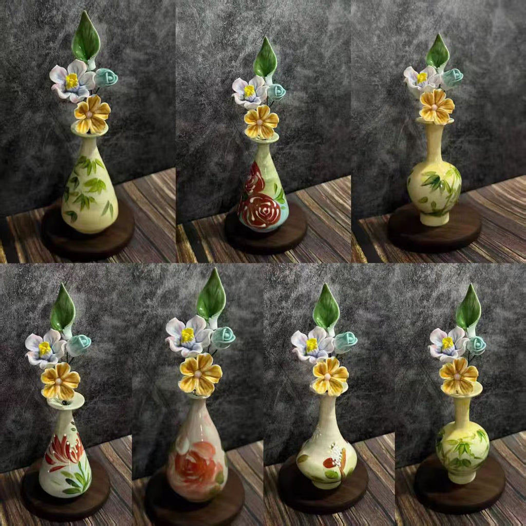 Jingdezhen Miniature Hand-Painted Vase with Ceramic Flower Arrangement — Wooden Base, 7 Styles