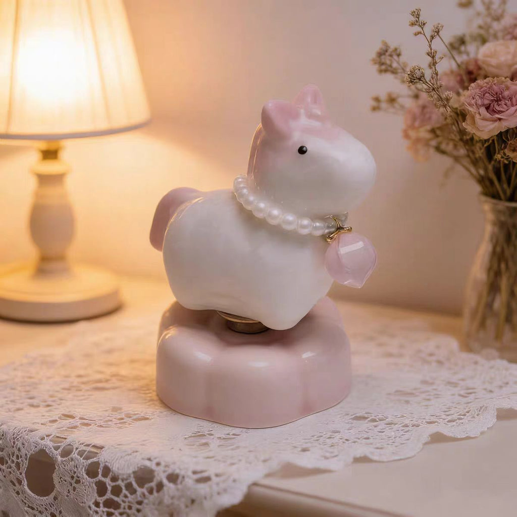 Jingdezhen Chubby Lucky Horse Spinning Figurine — Gold Ingot Saddle & Pearl Necklace Cloud Base Collection