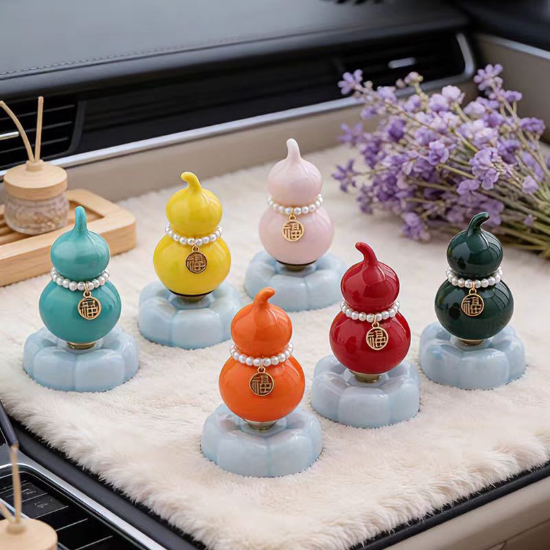Chinese Lucky Gourd Fu Charm Figurine on Rotating Cloud Base — Pearl Necklace & Gold Fu Pendant, 7 Colours