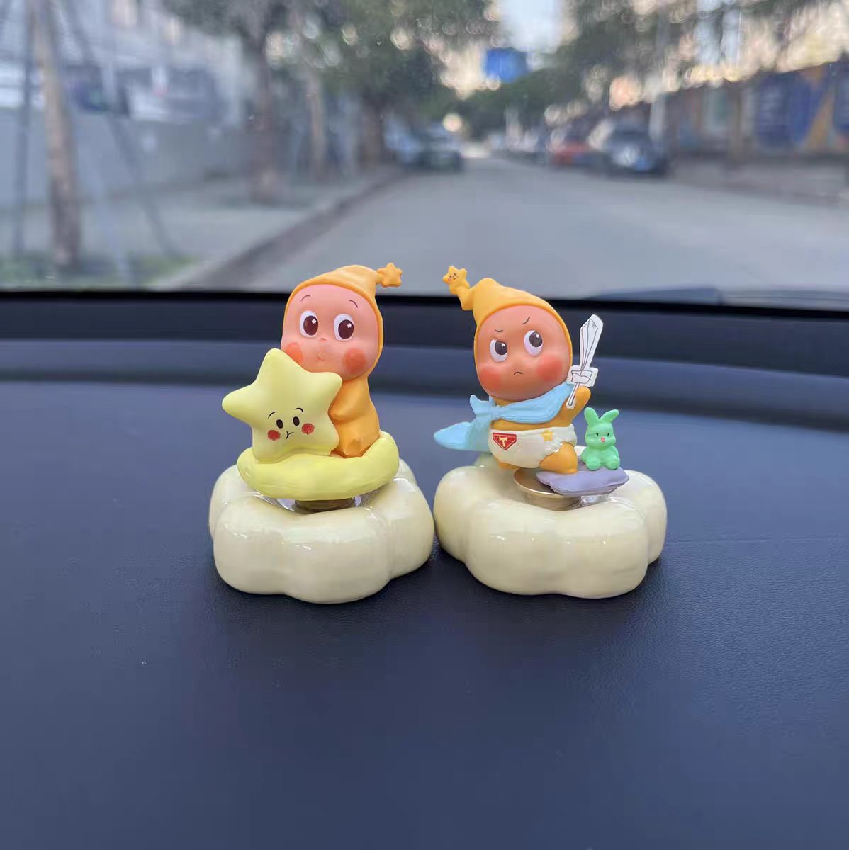 Kawaii Cartoon Elf Car Dashboard Figurine on Rotating Cloud Base — 6 Characters