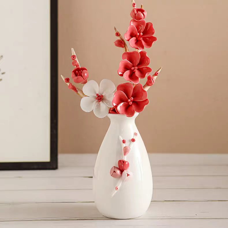 Jingdezhen White Porcelain Relief Vase with Ceramic Flower Arrangement — Lotus, Peony & Plum Blossom, 5 Styles