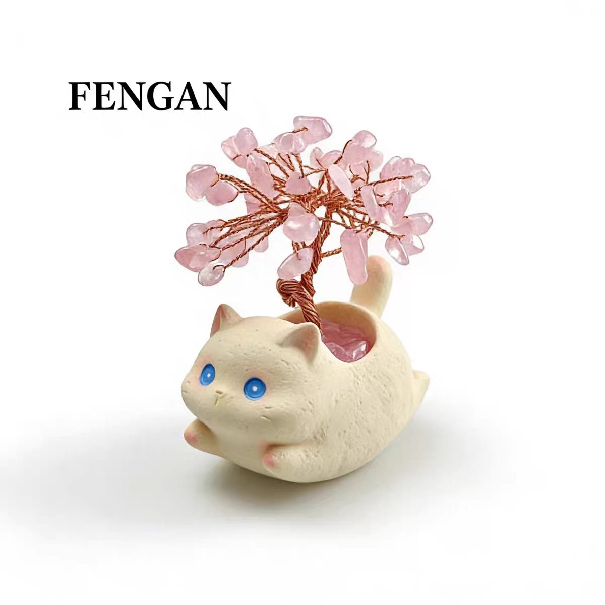 Cute Cat Crystal Money Tree Figurine on Rotating Donut Base — Rose Quartz & Citrine, 2 Styles