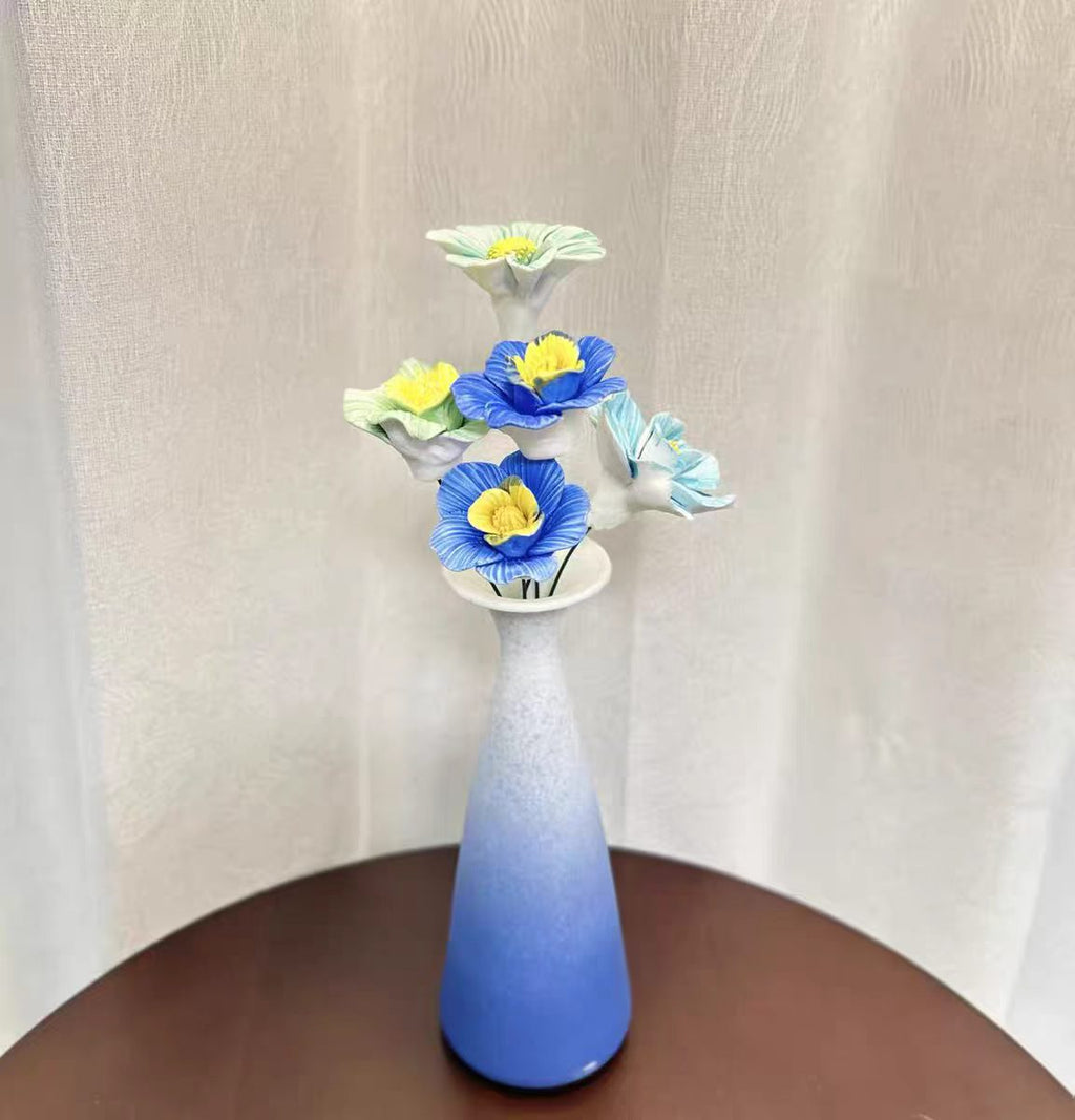 Jingdezhen Ceramic Cosmos & Rose Bouquet — Gradient Matte Cone & Round Belly Vase Collection