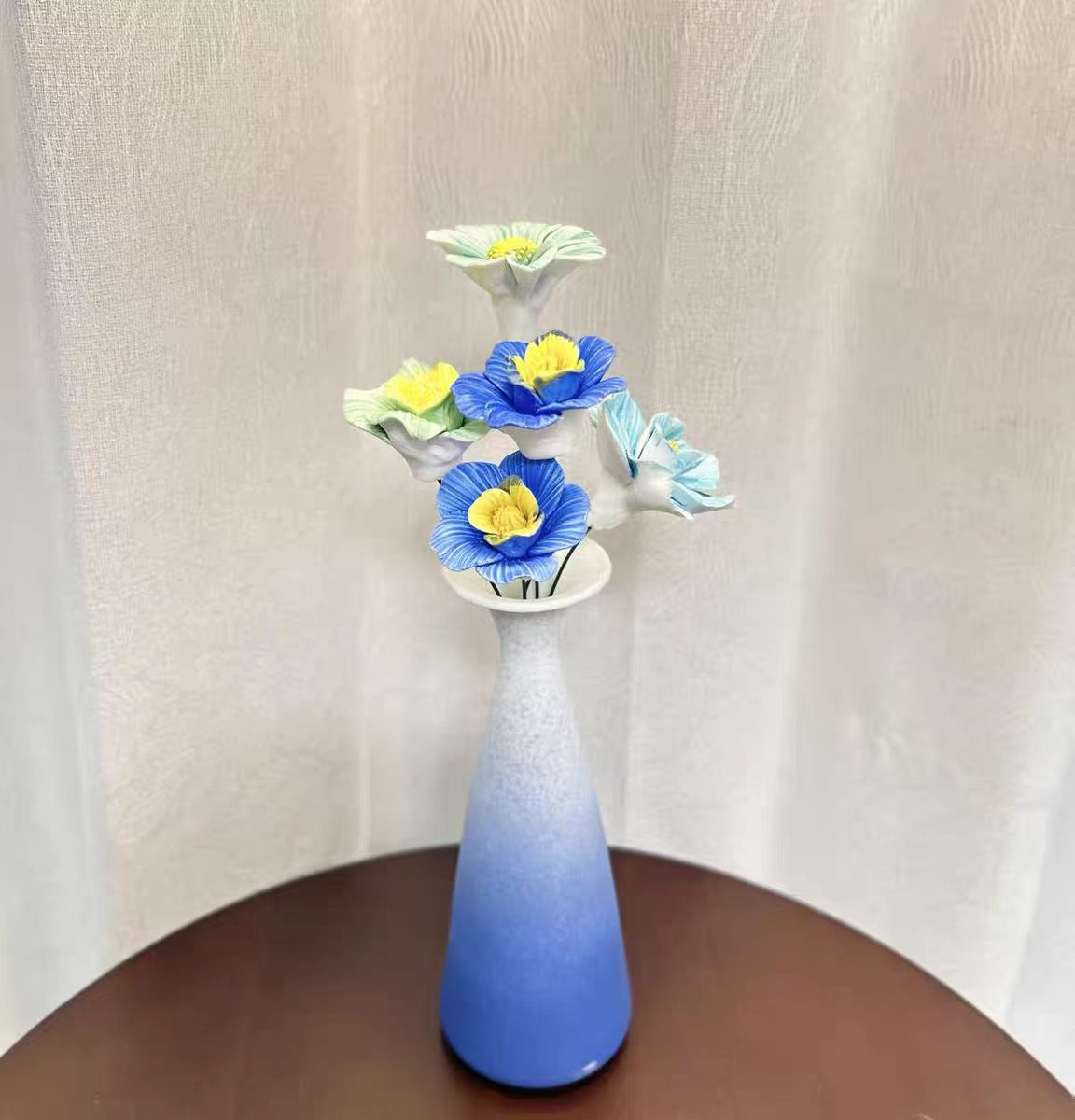 Jingdezhen Ceramic Cosmos & Rose Bouquet — Gradient Matte Cone & Round Belly Vase Collection