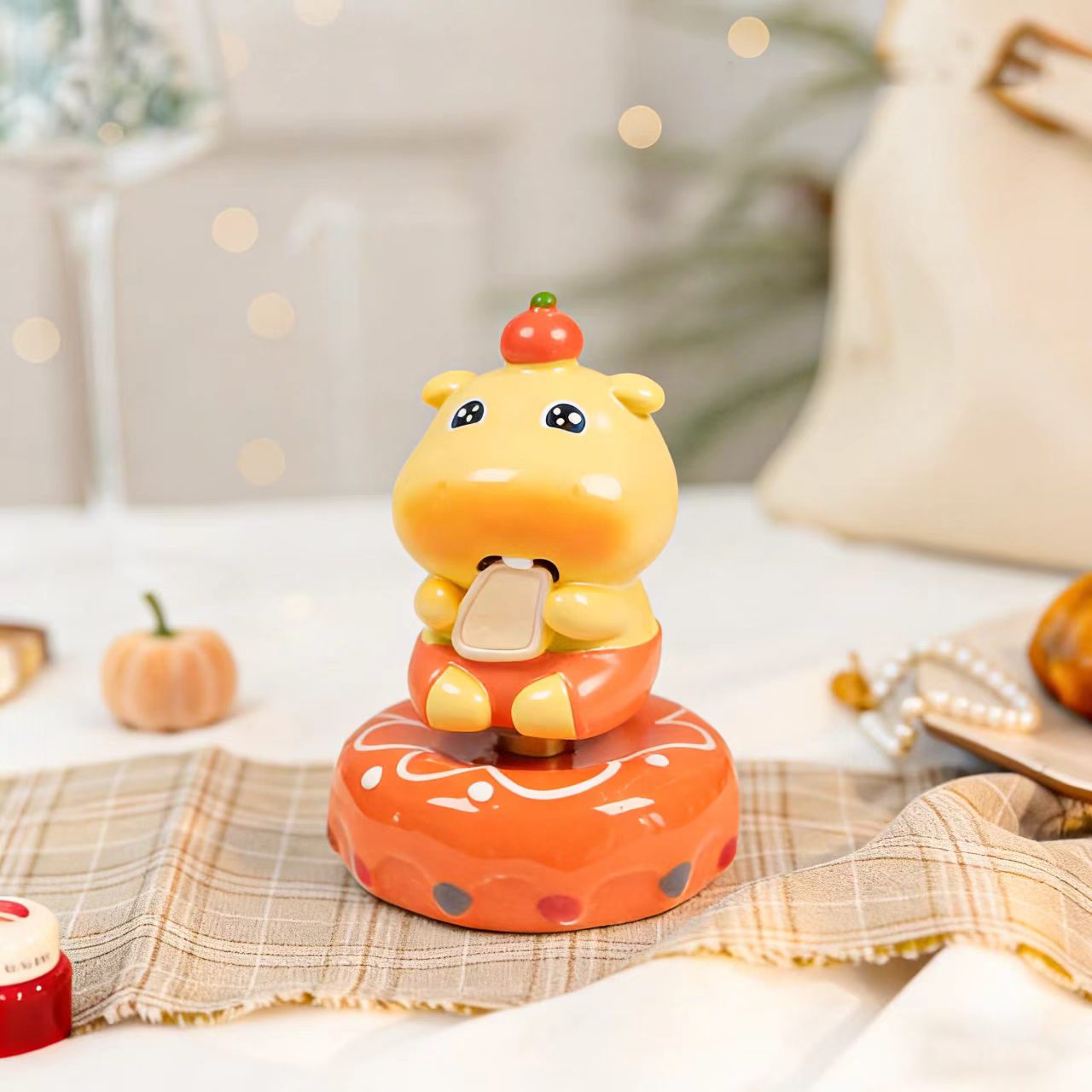 Kawaii Chubby Hippo Figurine on Rotating Donut Base — Angry, Crying, Swimming & Scooter, 4 Styles