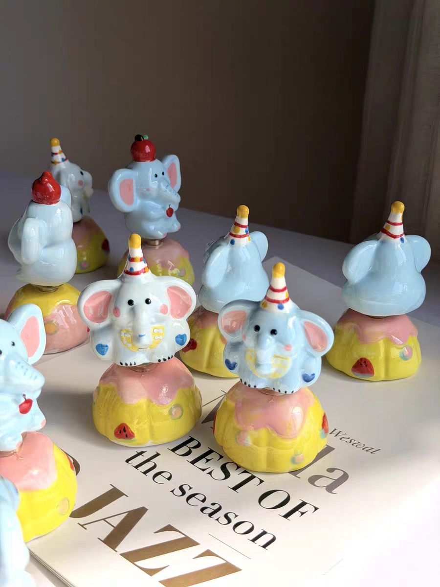Kawaii Ceramic Circus Elephant Figurine on Rotating Pumpkin Base — 2 Styles, Hand-Painted